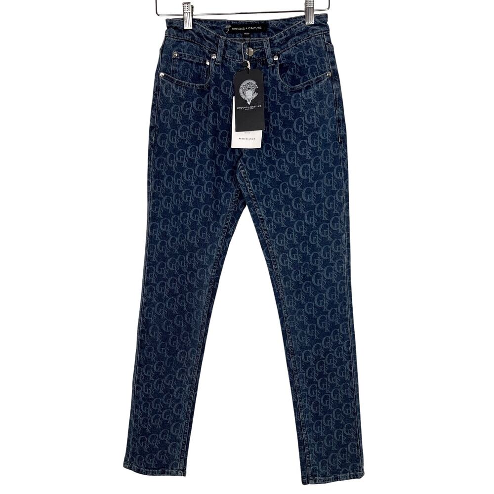Crooks and Castles Mens Size 28/32 All Over Logo‎ Print Blue Denim Jeans